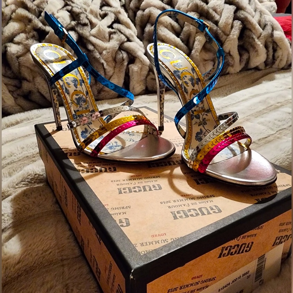 NIB Gucci Haines 105mm Sequin Sandal Heels 37 - Picture 4 of 16